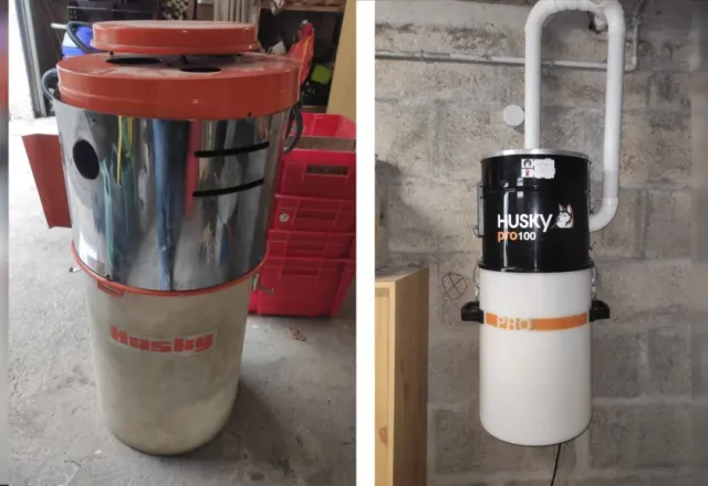 Ancienne centrale Husky et nouvelle centrale Husky PRO 100 installées côte à côte au sous-sol d'une maison au Meux