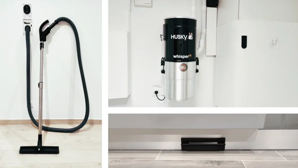 Prise rétractable, centrale Husky Whisper 2 et ramasse-miettes installés dans une maison neuve à Luzarches