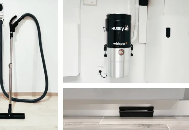 Prise rétractable, centrale Husky Whisper 2 et ramasse-miettes installés dans une maison neuve à Luzarches