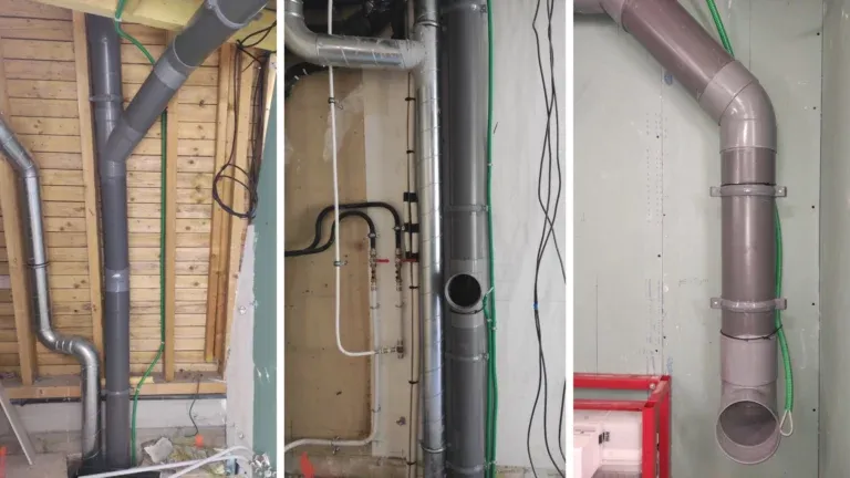 Réseau PVC du Laundry Jet posé à travers les combles et les cloisons d'une maison à Paris 18e