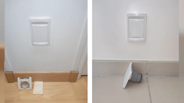 Deux images avec le remplacement de prises d''aspiration en PVC blanc. Les nouveaux modèles sont plus modernes.