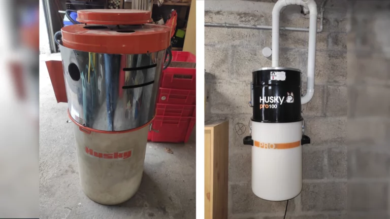 Une ancienne centrale d'aspiration Husky et le nouveau modèle Husky PRO 100 fixée au mur d'un sous-sol et reliée au réseau PVC d'aspiration.